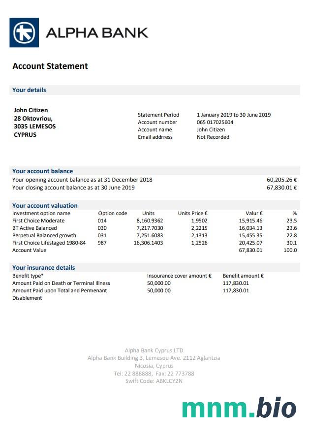 Wyciąg bankowy Cyprus Alpha łatwy do wypełnienia szablon w formacie Excel i PDF